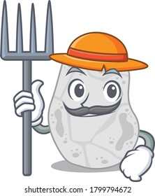 Diseño de mascota de planctomicetes blancos trabajando como agricultor con sombrero