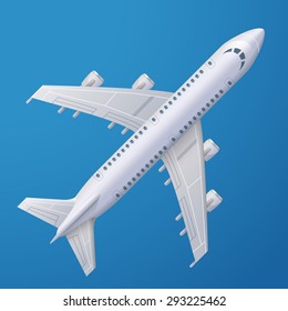 White plane against blue background. Passenger airliner, top view. Qualitative vector illustration about flights, plane, travel, aviation, piloting, air transport, etc