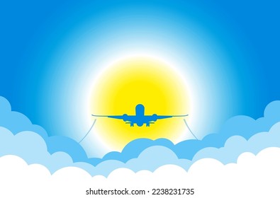 White plane in blue sky flies above clouds towards hot sun. Vector background