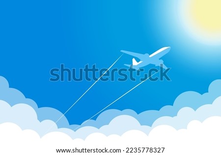 White plane in blue sky flies above clouds towards hot sun. Vector background