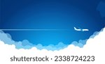White plane in the blue sky flying above the clouds. Vector background template for web page header