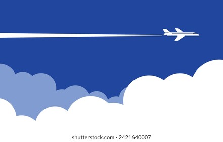 White plane in the blue sky flying above the clouds. Vector background template for web page header