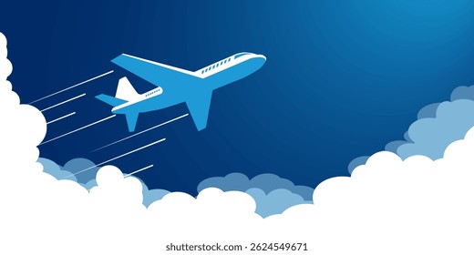 White plane in the blue sky flying above the clouds. Vector background template for web page header