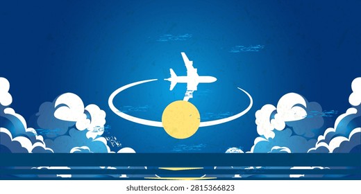 White plane in the blue sky flying above the clouds. Vector background template for web page header