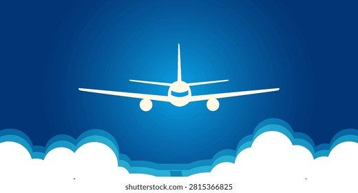 White plane in the blue sky flying above the clouds. Vector background template for web page header