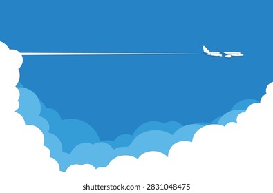 White plane in the blue sky flying above the clouds. Vector background template for web page header