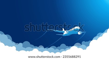 White plane in the blue sky flying above the clouds. Vector background template for web page header