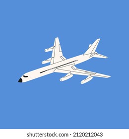 White plane in the blue sky. Hand drawn colored square Vector illustration in cartoon style. Travel, flight, journey concept. Vacation aircraft, Airline transportation.Flat flying Airplane . 