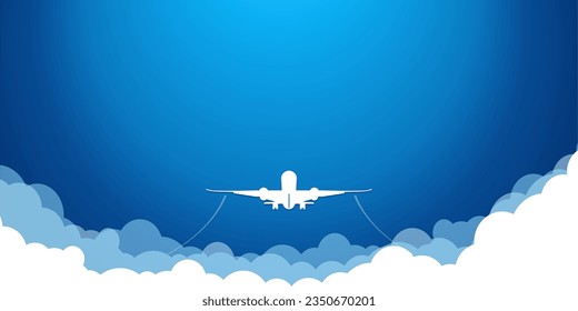 White plane in the blue sky rises flying above the clouds. Vector background template