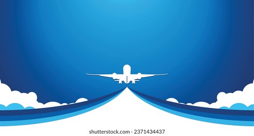 White plane in the blue sky rises flying above the clouds. Vector background template