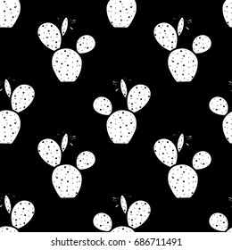 White plane cactus on black background. Seamless pattern vector illustration.
