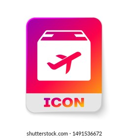 White Plane and cardboard box icon isolated on white background. Delivery, transportation. Cargo delivery by air. Airplane with parcels, boxes. Rectangle color button. Vector Illustration