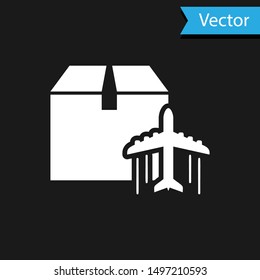 White Plane and cardboard box icon isolated on black background. Delivery, transportation. Cargo delivery by air. Airplane with parcels, boxes.  Vector Illustration