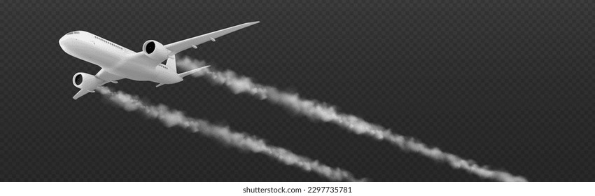 White plane condensation trail with smoke cloud vector isolated on transparent background. Airplane flight speed line vapour effect. 3d aviation tail track path performance. Straight exhaust stream