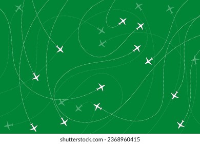 White plane, dotted curves overlap. Travel and holiday travel patterns. Green background.