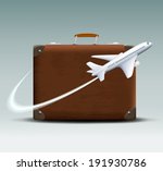 white plane flies around the brown suitcase