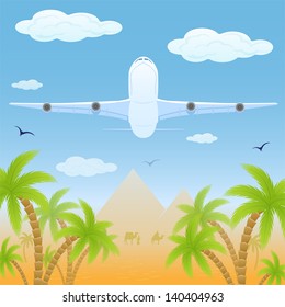 White plane fly over desert and palms, illustration.