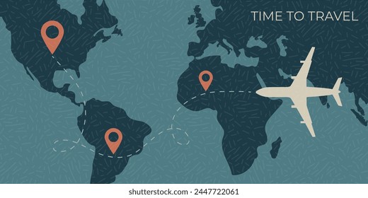 White plane flying above the world map. Vector background template for web page header