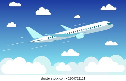 A white plane is flying in a blue sky with white clouds. Flat style.