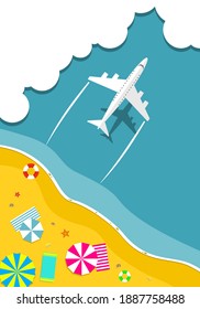 White plane flying on a tropical island the beach,top view.  Travel  vacation concept. Vector illustration, flat design.