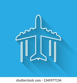 White Plane icon isolated with long shadow. Flying airplane icon. Airliner sign. Vector Illustration