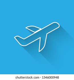 White Plane icon isolated with long shadow. Flying airplane icon. Airliner sign. Vector Illustration
