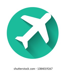 White Plane icon isolated with long shadow. Flying airplane icon. Airliner sign. Green circle button. Vector Illustration