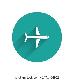 White Plane icon isolated with long shadow. Flying airplane icon. Airliner sign. Green circle button. Vector Illustration