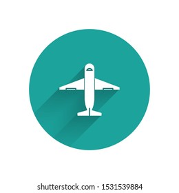 White Plane icon isolated with long shadow. Delivery, transportation. Cargo delivery by air. Airplane with parcels, boxes. Green circle button. Vector Illustration
