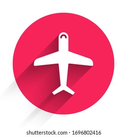 White Plane icon isolated with long shadow. Flying airplane icon. Airliner sign. Red circle button. Vector Illustration
