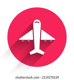 White Plane icon isolated with long shadow. Flying airplane icon. Airliner sign. Red circle button. Vector Illustration