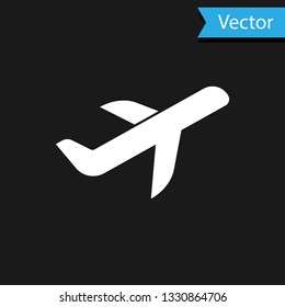 White Plane icon isolated on black background. Flying airplane icon. Airliner sign. Vector Illustration