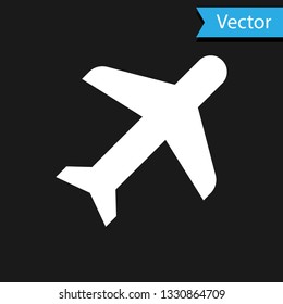 White Plane icon isolated on black background. Flying airplane icon. Airliner sign. Vector Illustration