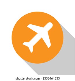White Plane icon isolated on white background. Flying airplane icon. Airliner sign. Orange circle button. Flat design. Vector Illustration