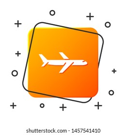 White Plane icon isolated on white background. Flying airplane icon. Airliner sign. Orange square button. Vector Illustration