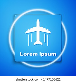 White Plane icon isolated on blue background. Flying airplane icon. Airliner sign. Blue square button. Vector Illustration