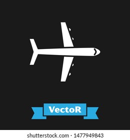 White Plane icon isolated on black background. Flying airplane icon. Airliner sign.  Vector Illustration