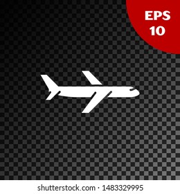 White Plane icon isolated on transparent dark background. Flying airplane icon. Airliner sign.  Vector Illustration