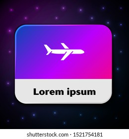 White Plane icon isolated on black background. Flying airplane icon. Airliner sign. Rectangle color button. Vector Illustration