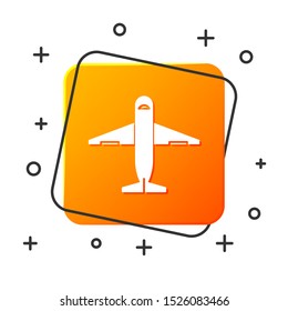 White Plane icon isolated on white background. Delivery, transportation. Cargo delivery by air. Airplane with parcels, boxes. Orange square button. Vector Illustration