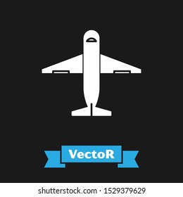 White Plane icon isolated on black background. Delivery, transportation. Cargo delivery by air. Airplane with parcels, boxes.  Vector Illustration