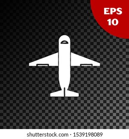 White Plane icon isolated on transparent dark background. Delivery, transportation. Cargo delivery by air. Airplane with parcels, boxes.  Vector Illustration