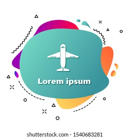 White Plane icon isolated on white background. Delivery, transportation. Cargo delivery by air. Airplane with parcels, boxes. Abstract banner with liquid shapes. Vector Illustration
