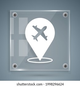 White Plane icon isolated on grey background. Flying airplane icon. Airliner sign. Square glass panels. Vector