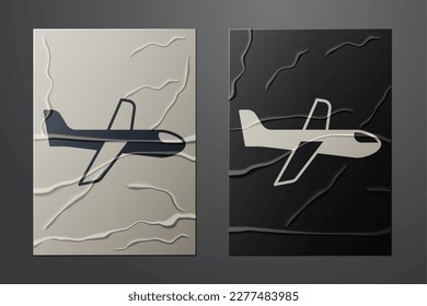 White Plane icon isolated on crumpled paper background. Flying airplane icon. Airliner sign. Paper art style. Vector