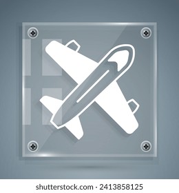 White Plane icon isolated on grey background. Flying airplane icon. Airliner sign. Square glass panels. Vector