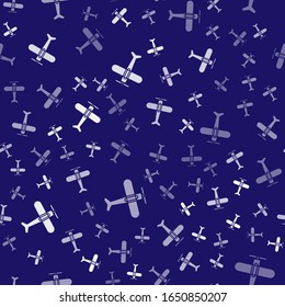 White Plane icon isolated seamless pattern on blue background. Flying airplane icon. Airliner sign.  Vector Illustration