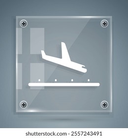 White Plane landing icon isolated on grey background. Airplane transport symbol. Square glass panels. Vector Illustration