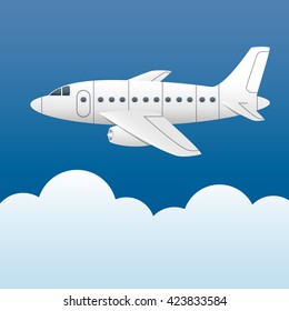 White plane on a background of blue sky and white clouds. Cartoon style. Vector Image.