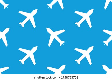  White plane on a blue background, geometric seamless pattern.